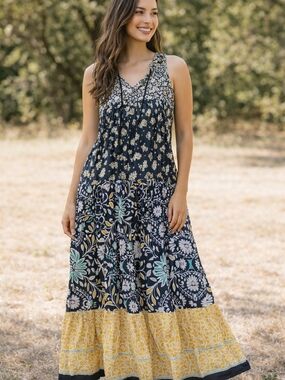 Black Floral Tiered Maxi Dress S Boho Prairie Patchwork Border Smocked Festival